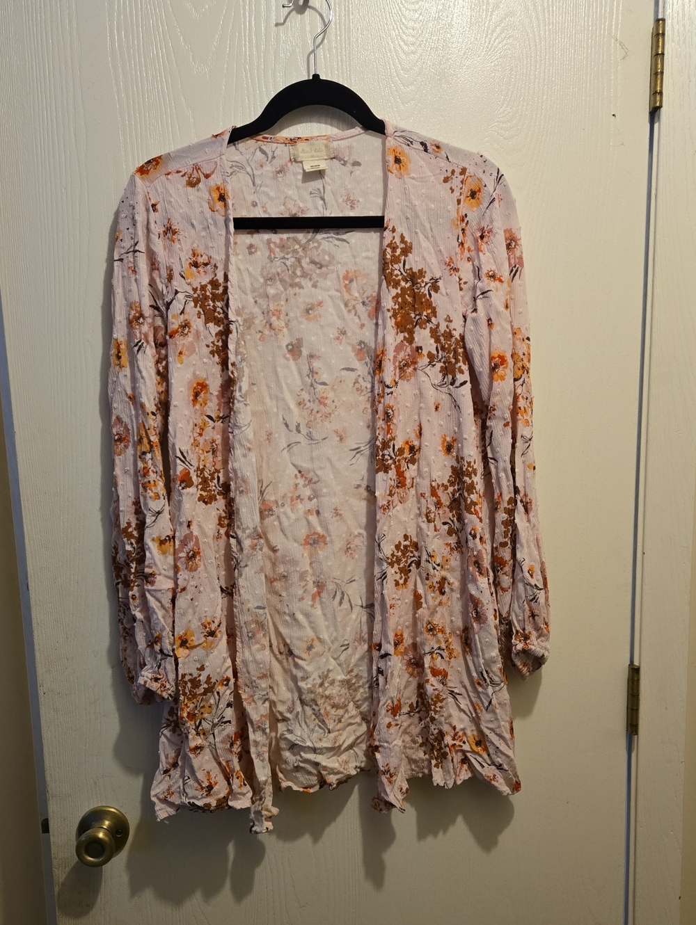Altar'd State Light Pink Floral Open Cardigan with Rust Flowers